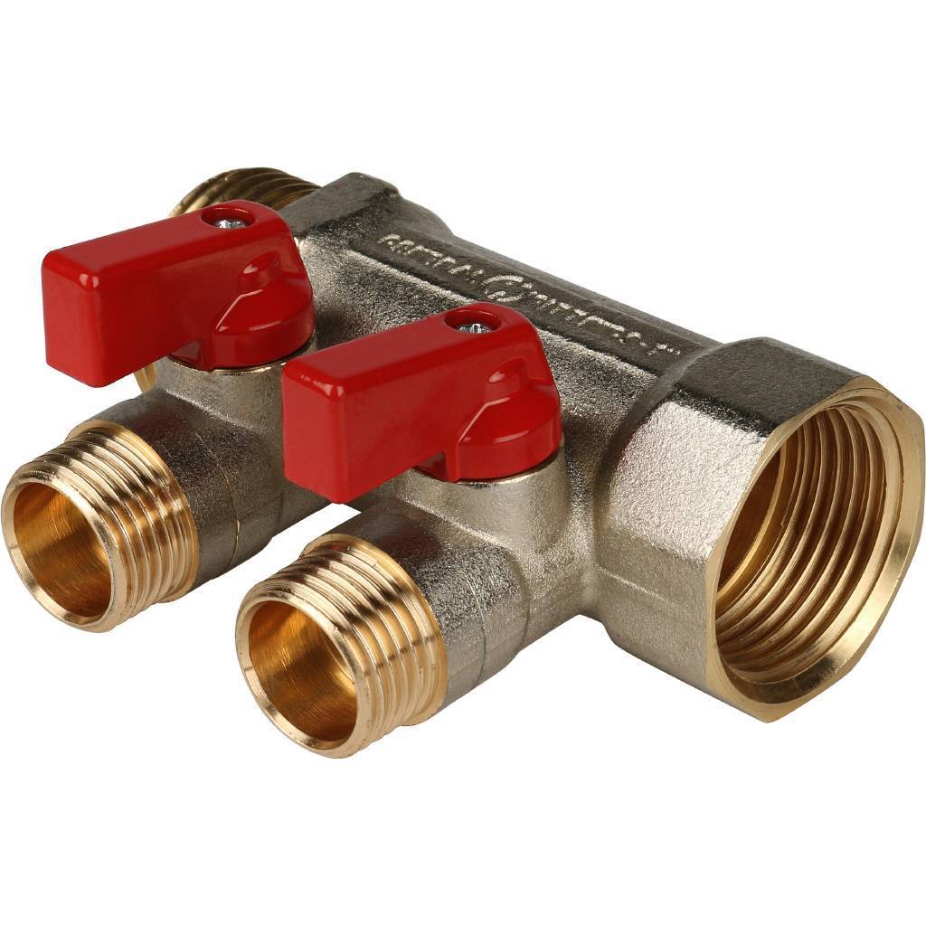 Купить SMB 6200 011202 STOUT  Коллектор с шаровыми кранами 1", 2 отвода 1/2" (красные ручки) STOUT по лучшей цене с доставкой - интернет-магазин Прогрессивные решения