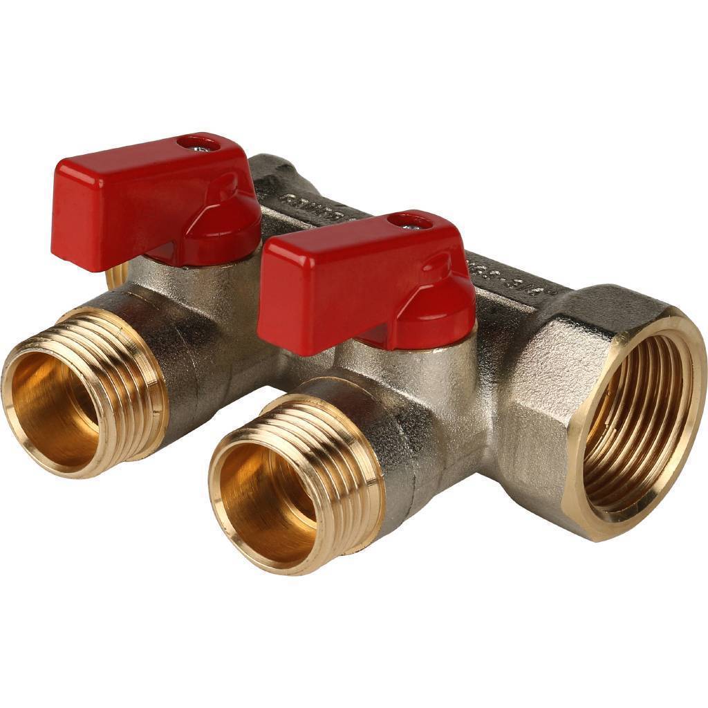 Купить SMB 6200 341202 STOUT  Коллектор с шаровыми кранами 3/4", 2 отвода 1/2" (красные ручки) STOUT по лучшей цене с доставкой - интернет-магазин Прогрессивные решения