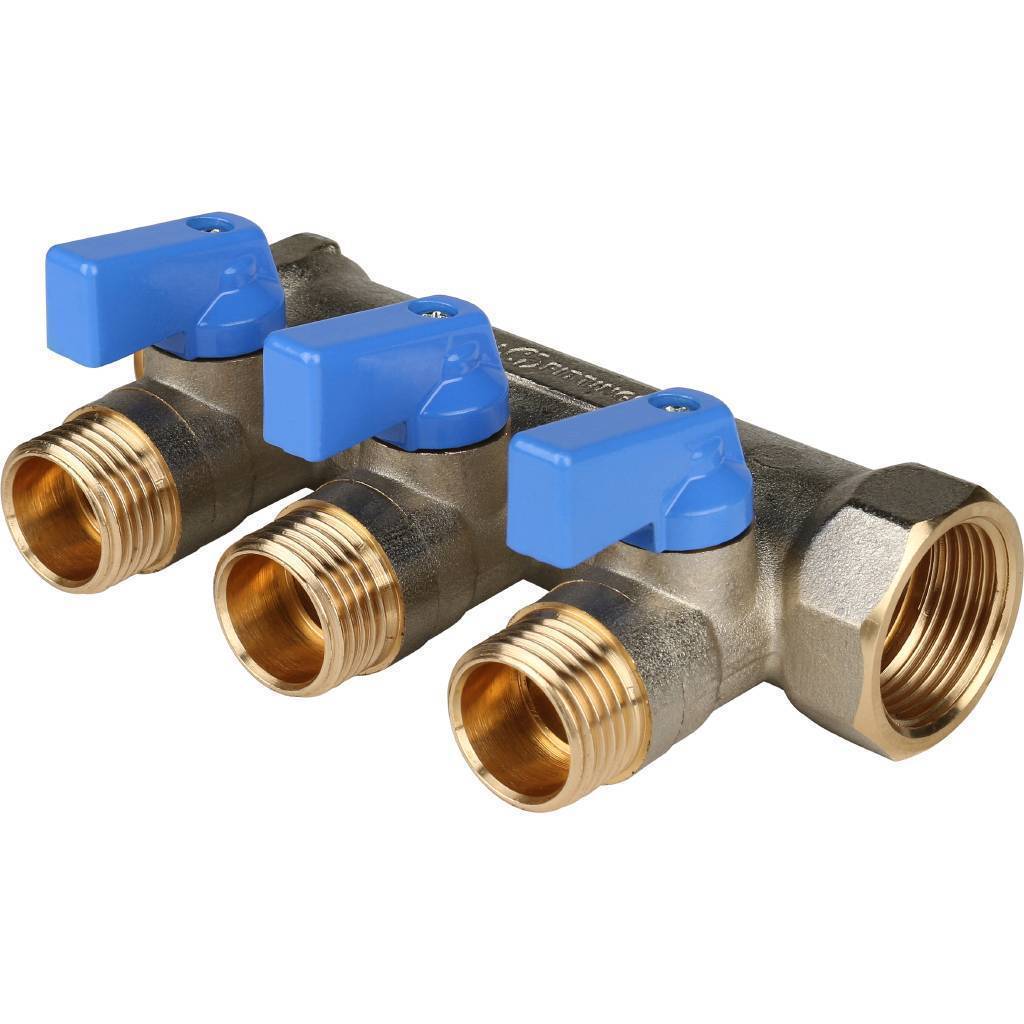 Купить SMB 6201 341203 STOUT  Коллектор с шаровыми кранами 3/4", 3 отвода 1/2" (синие ручки) STOUT по лучшей цене с доставкой - интернет-магазин Прогрессивные решения
