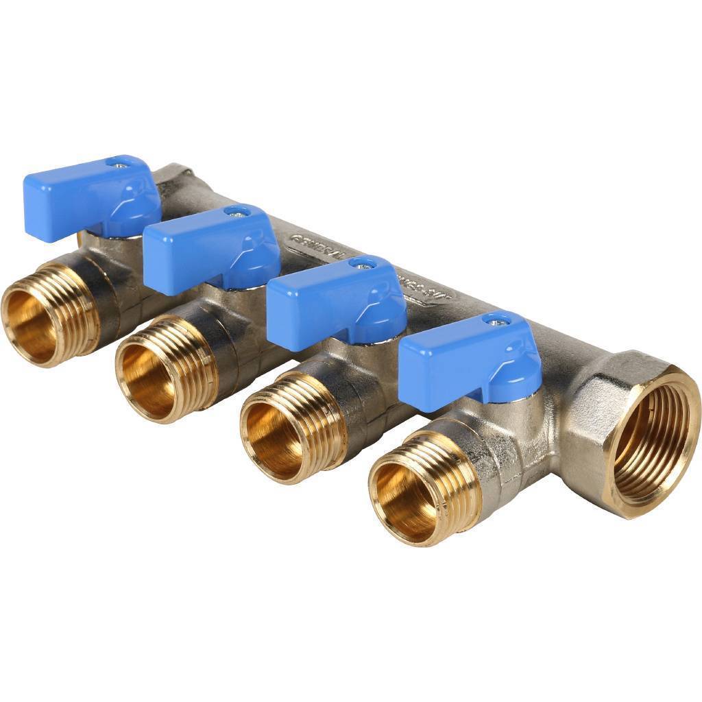 Купить SMB 6201 341204 STOUT  Коллектор с шаровыми кранами 3/4", 4 отвода 1/2" (синие ручки) STOUT по лучшей цене с доставкой - интернет-магазин Прогрессивные решения